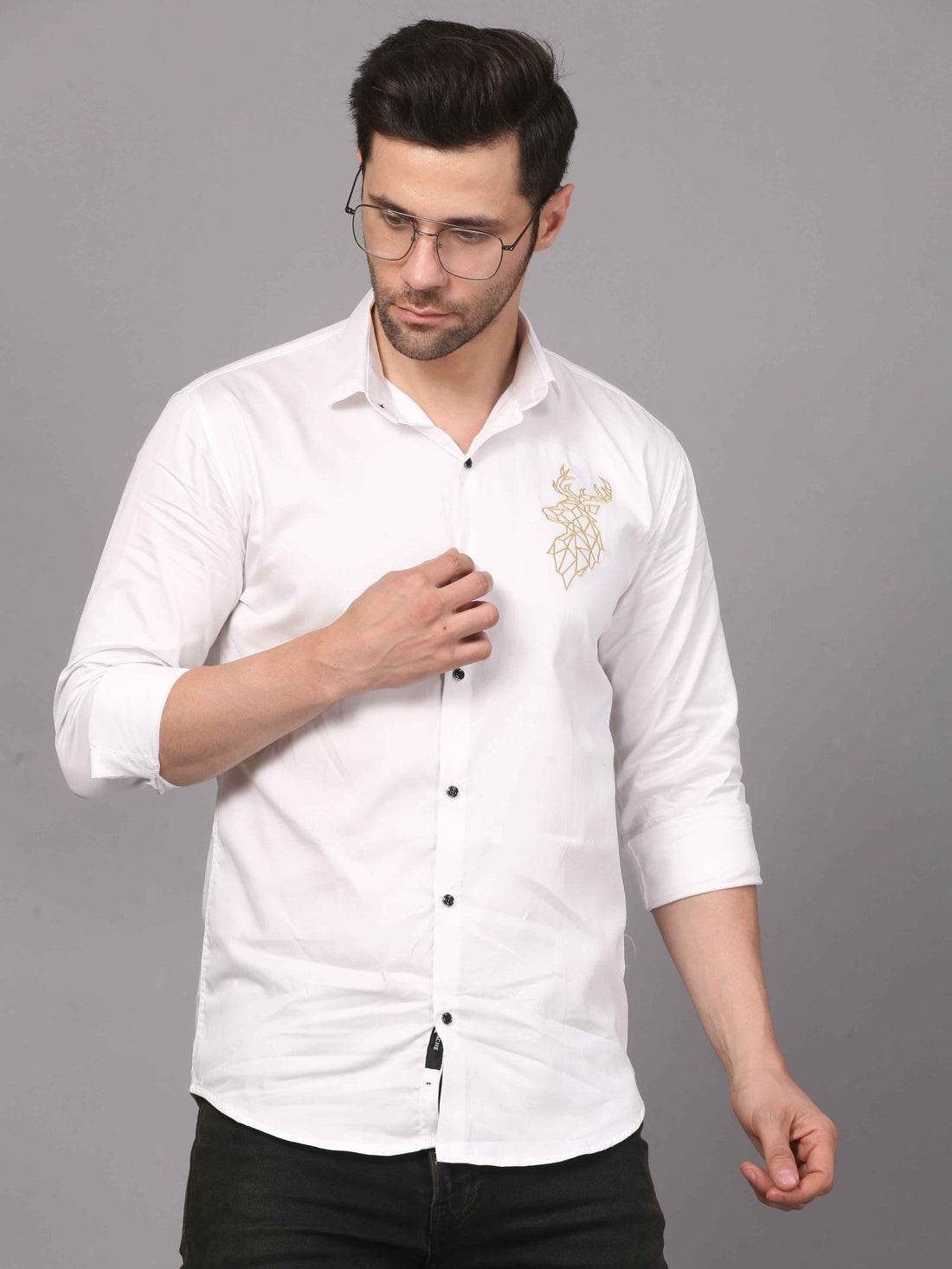 White Shirt with Golden Deer Motif - Embroidery Shirt 1