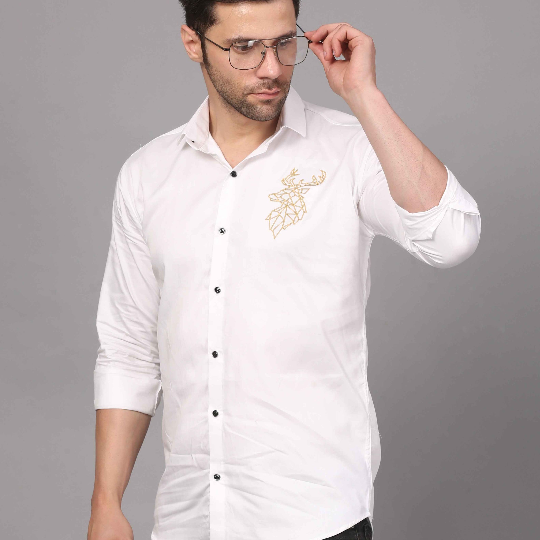 White Shirt with Golden Deer Motif - Embroidery Shirt 1