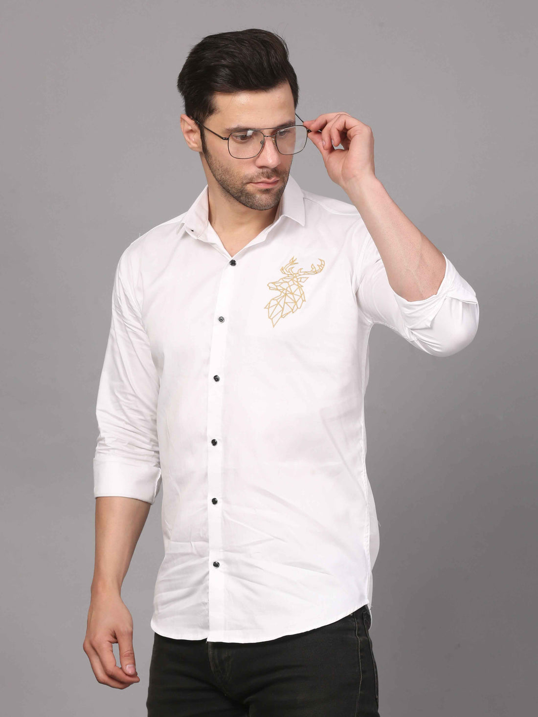 White Shirt with Golden Deer Motif - Embroidery Shirt 1
