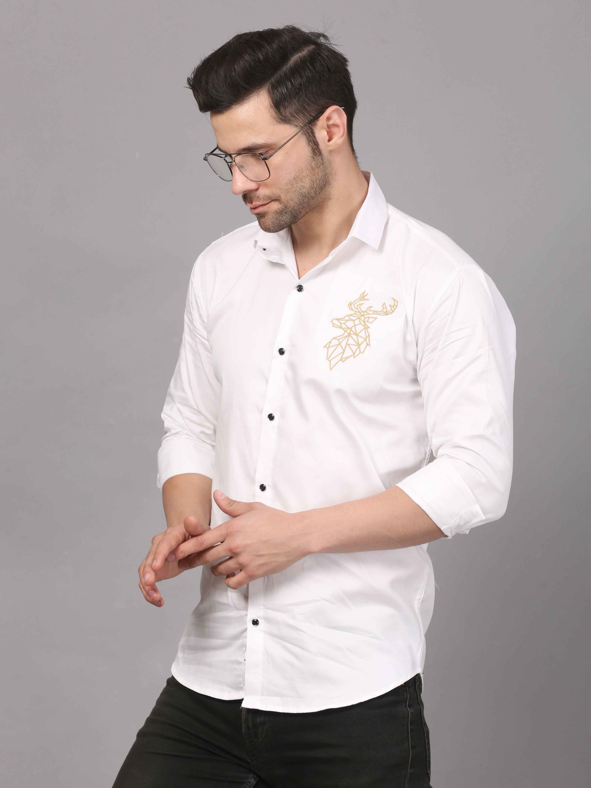 White Shirt with Golden Deer Motif - Embroidery Shirt 3