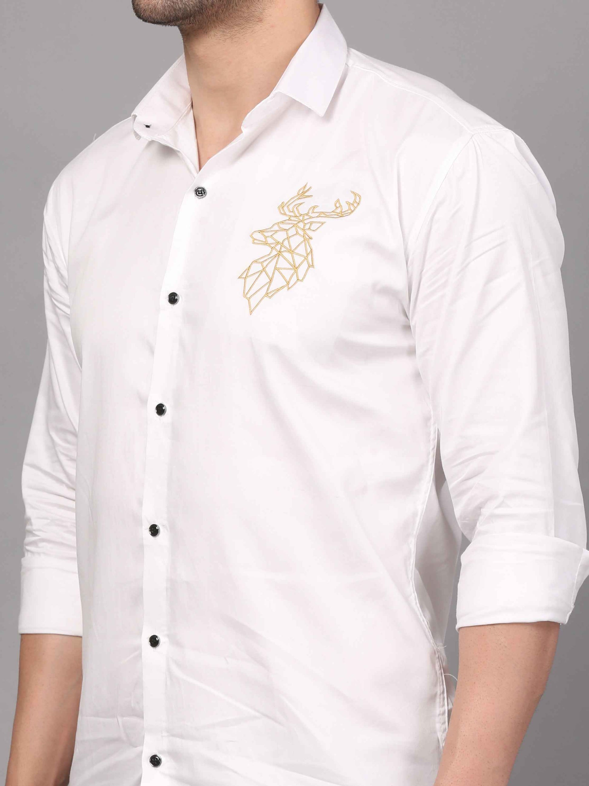 White Shirt with Golden Deer Motif - Embroidery Shirt 4