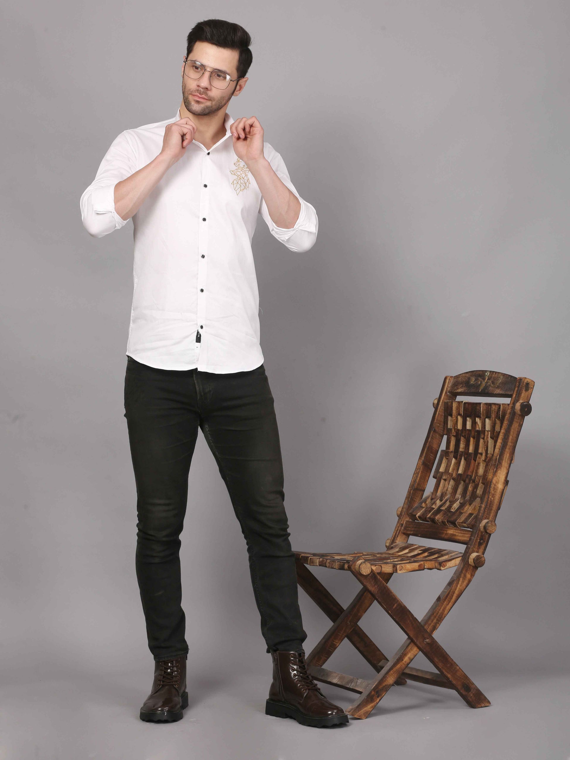 White Shirt with Golden Deer Motif - Embroidery Shirt 6