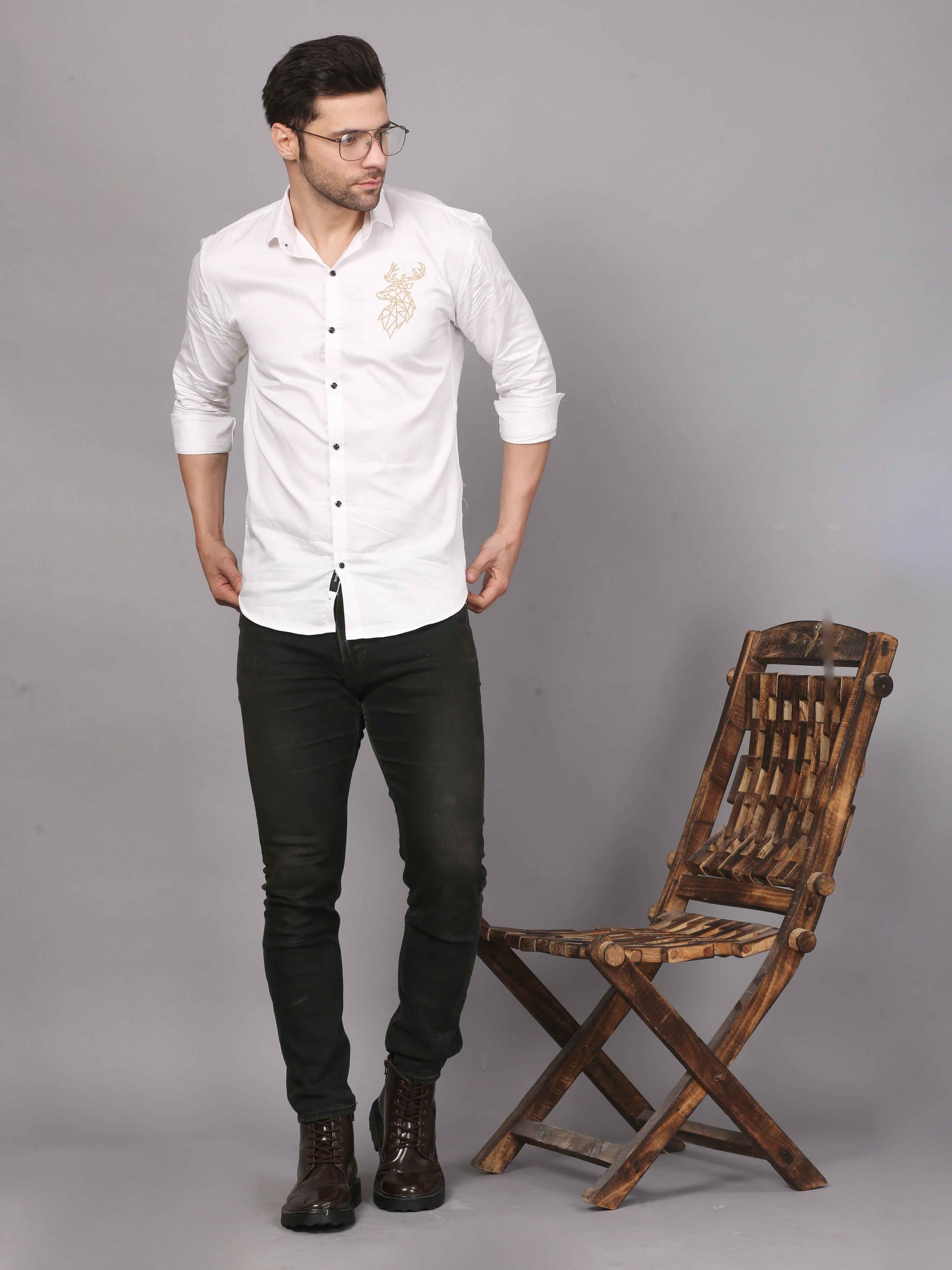 White Shirt with Golden Deer Motif - Embroidery Shirt 7