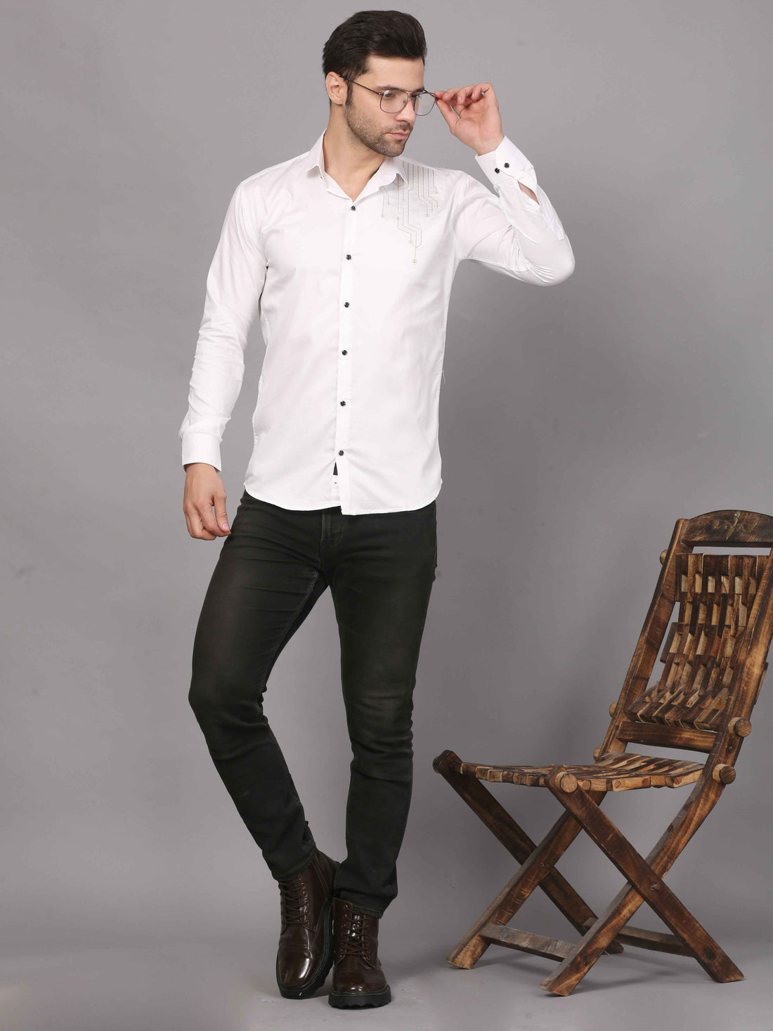 White Embroidered Shirt - Geometric Design 1