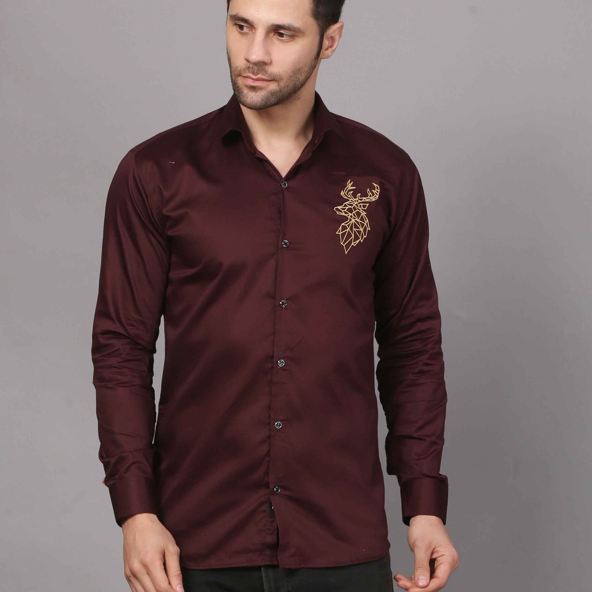 Wine Embroidered Shirt – Striking Deer Motif 1