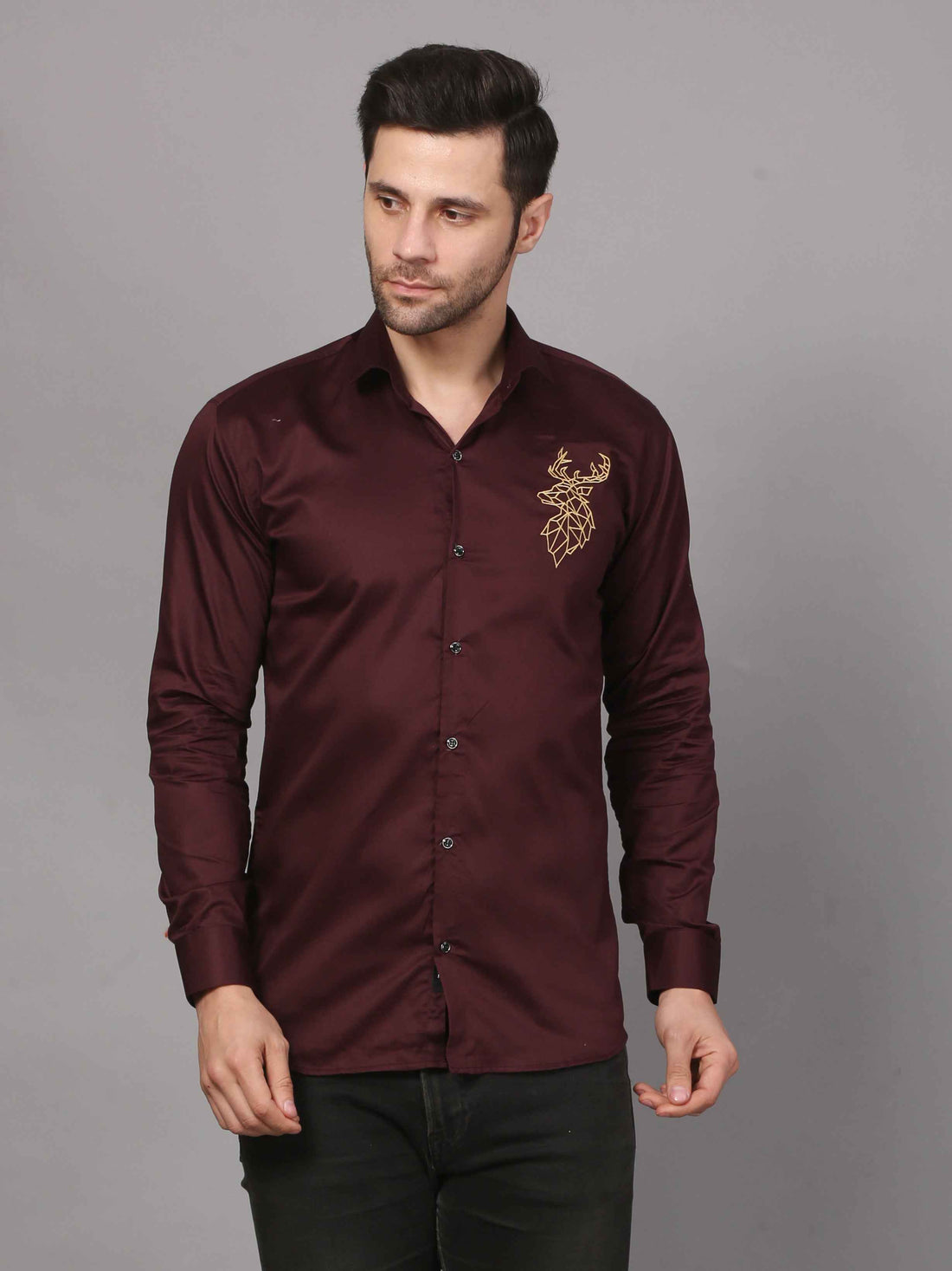 Wine Embroidered Shirt – Striking Deer Motif 1