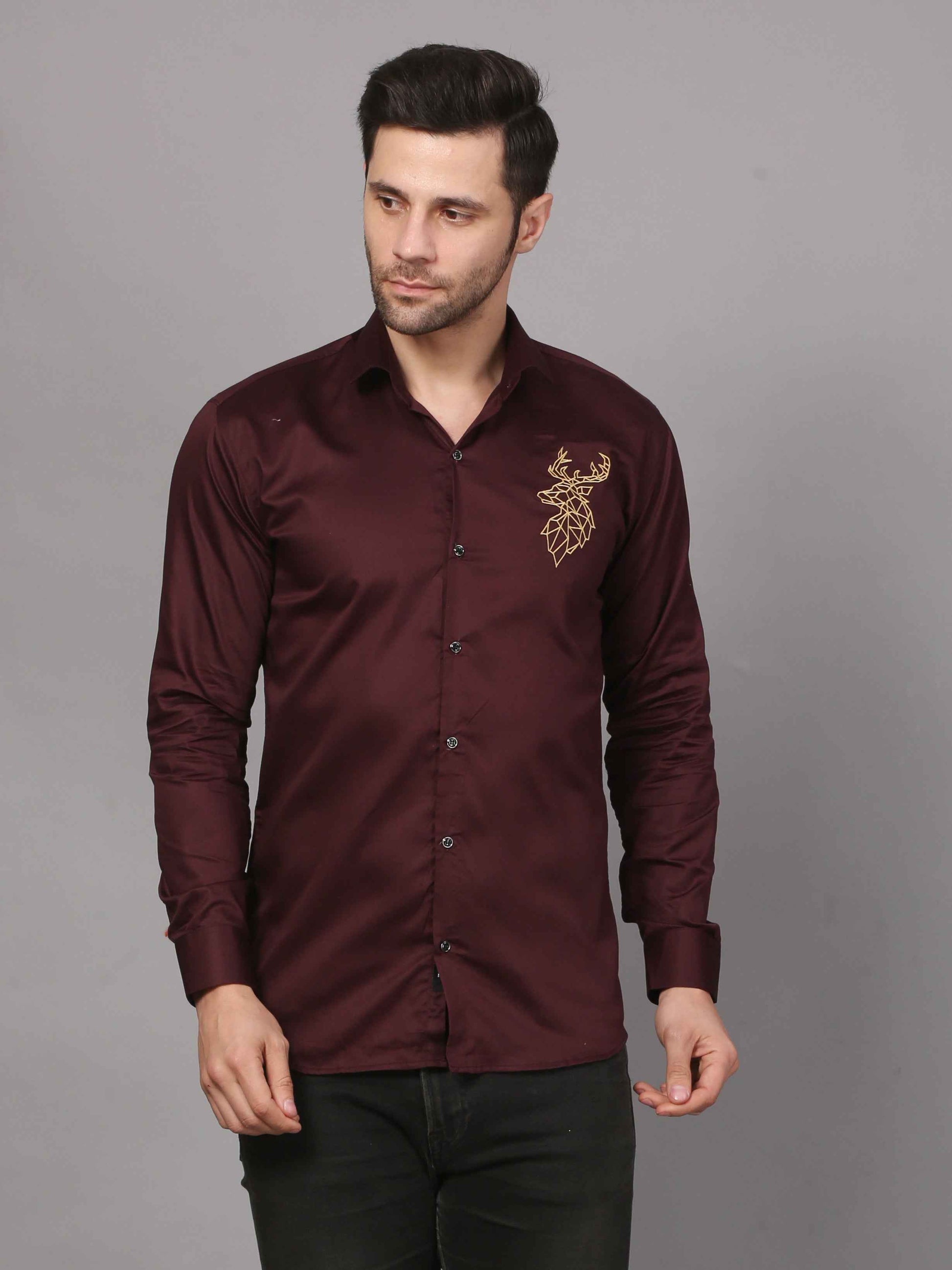 Wine Embroidered Shirt – Striking Deer Motif 1