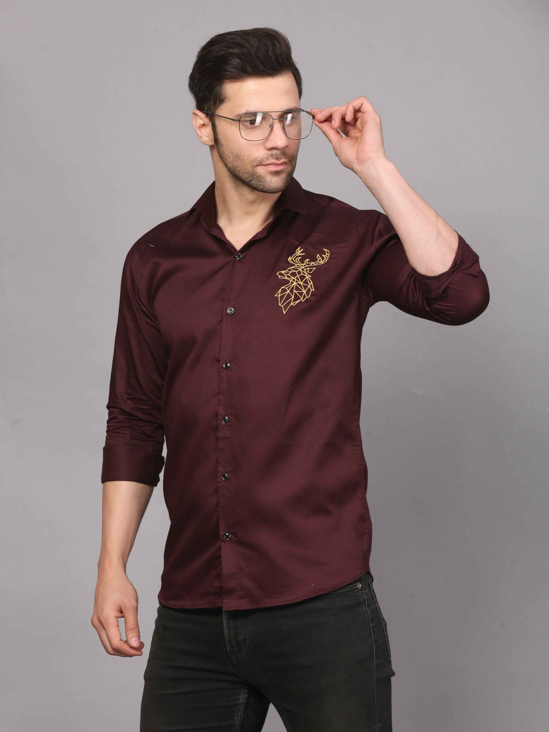 Wine Embroidered Shirt – Striking Deer Motif 1