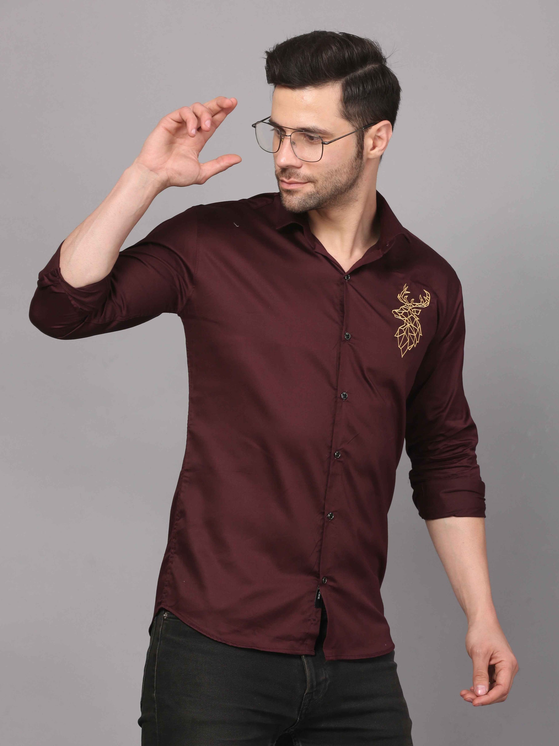 Wine Embroidered Shirt – Striking Deer Motif 3