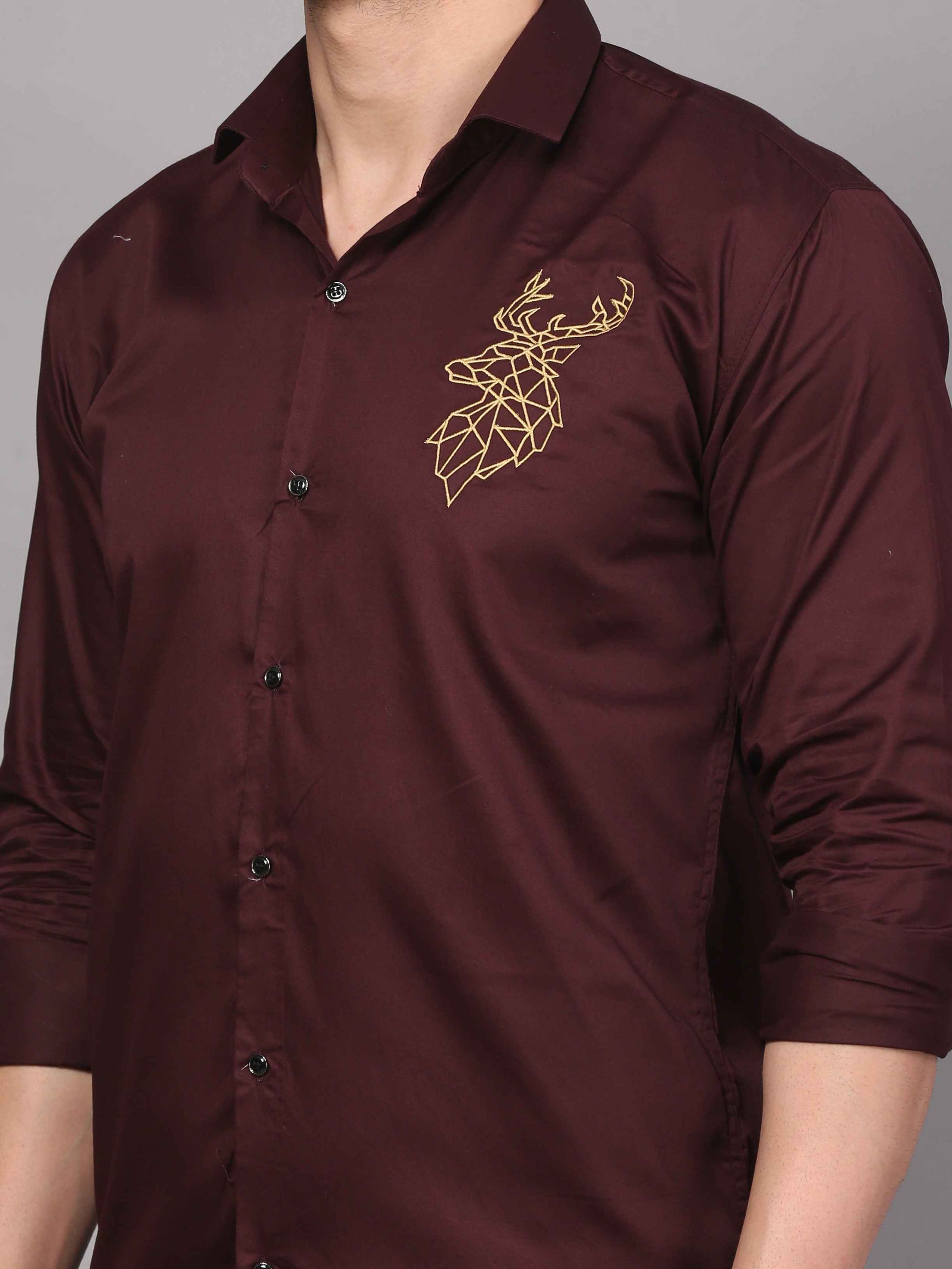Wine Embroidered Shirt – Striking Deer Motif 4