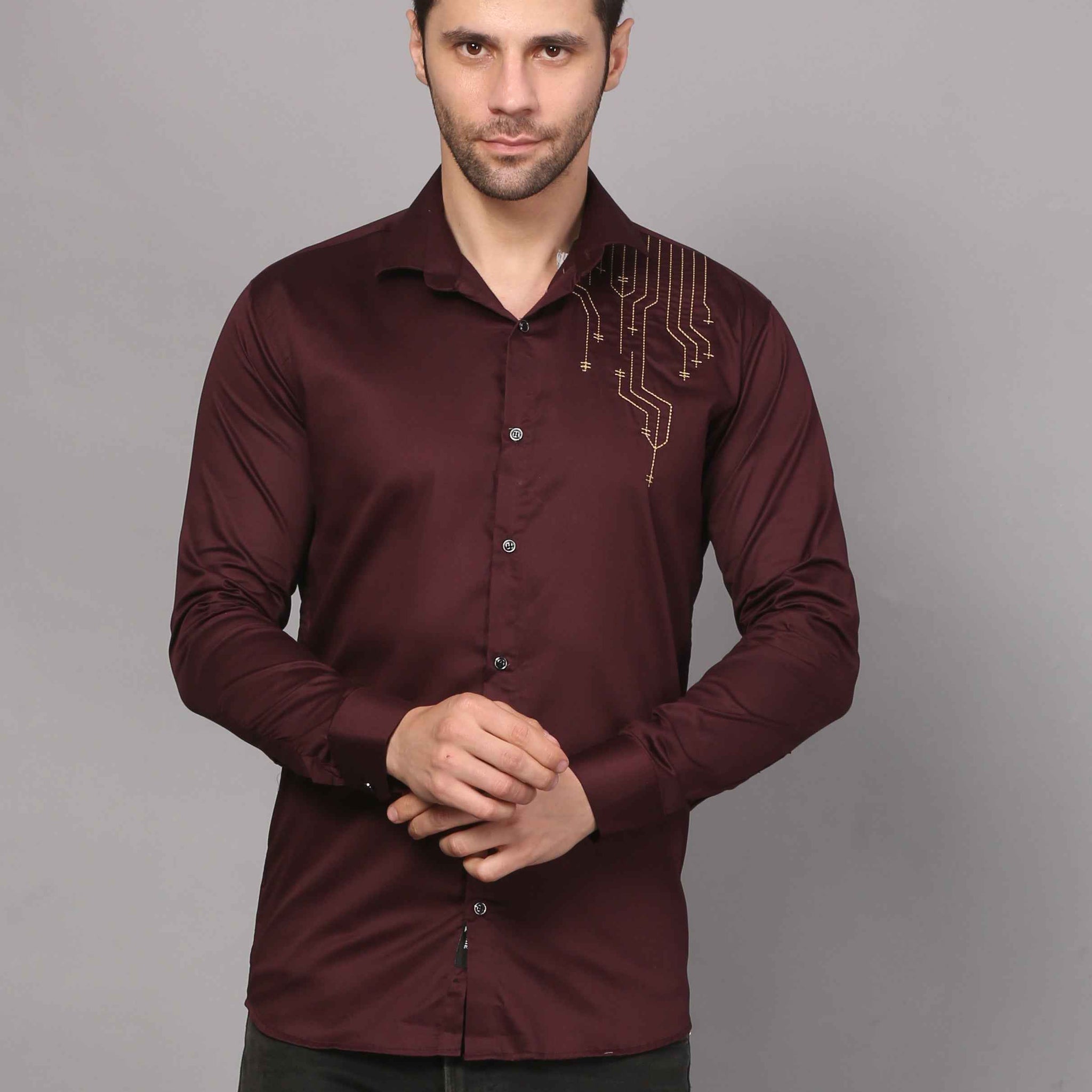 Wine Embroidered Shirt – Geometric Elegance 1