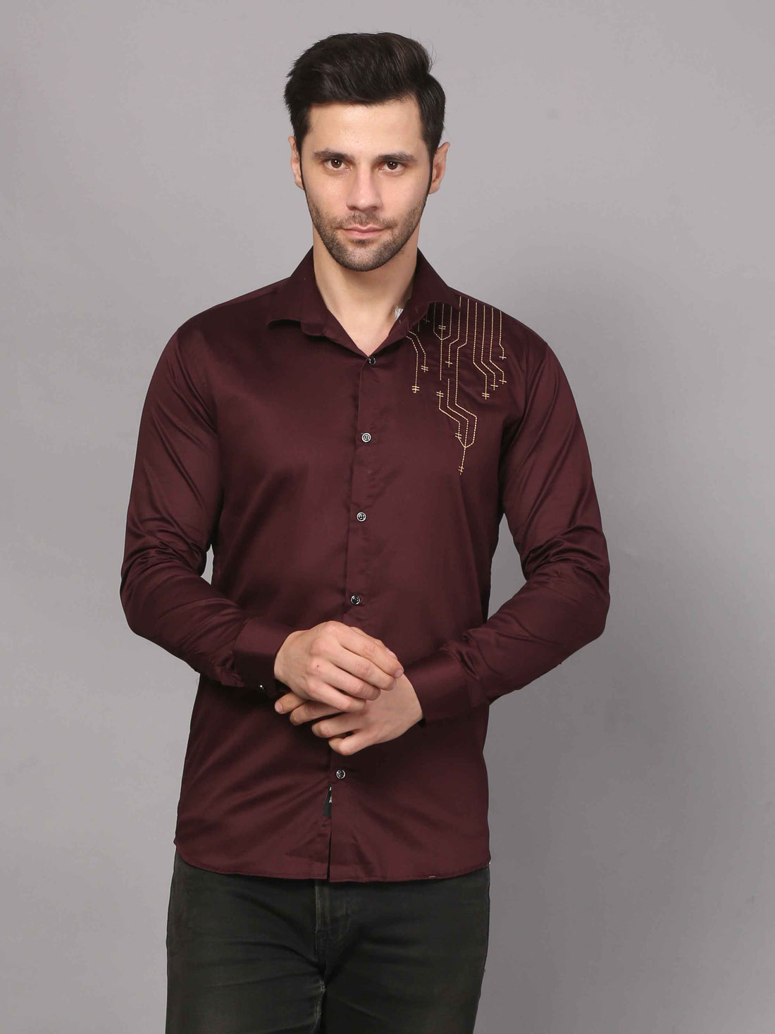 Wine Embroidered Shirt – Geometric Elegance 1