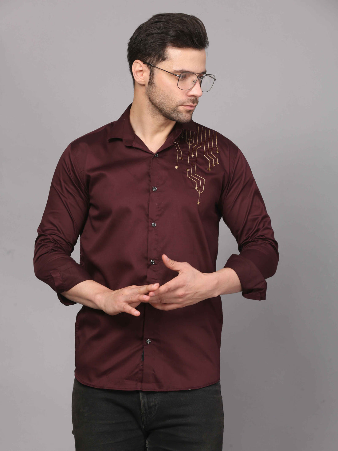 Wine Embroidered Shirt – Geometric Elegance 1
