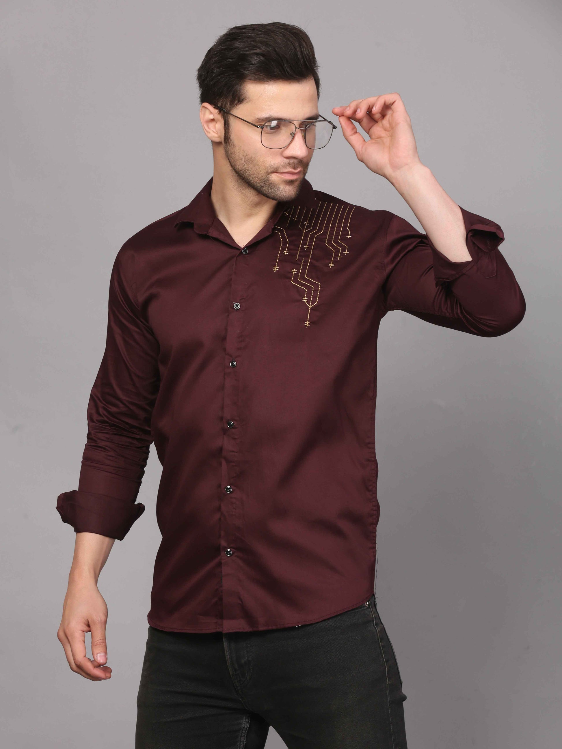 Wine Embroidered Shirt – Geometric Elegance 3