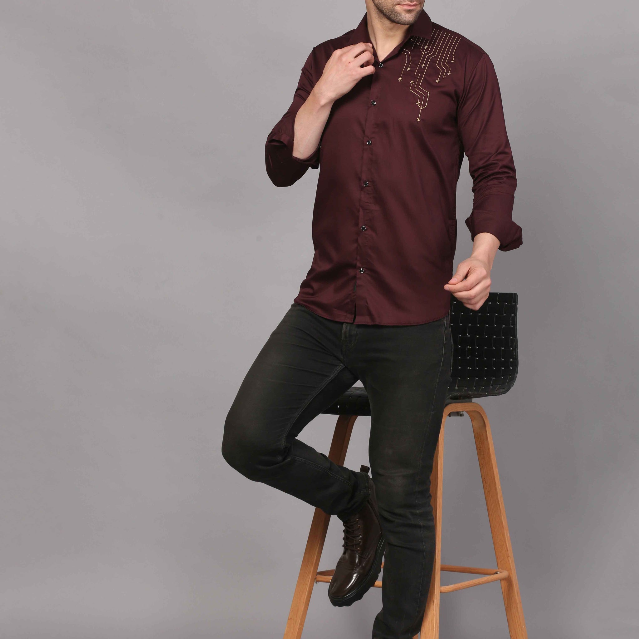 Wine Embroidered Shirt – Geometric Elegance 6