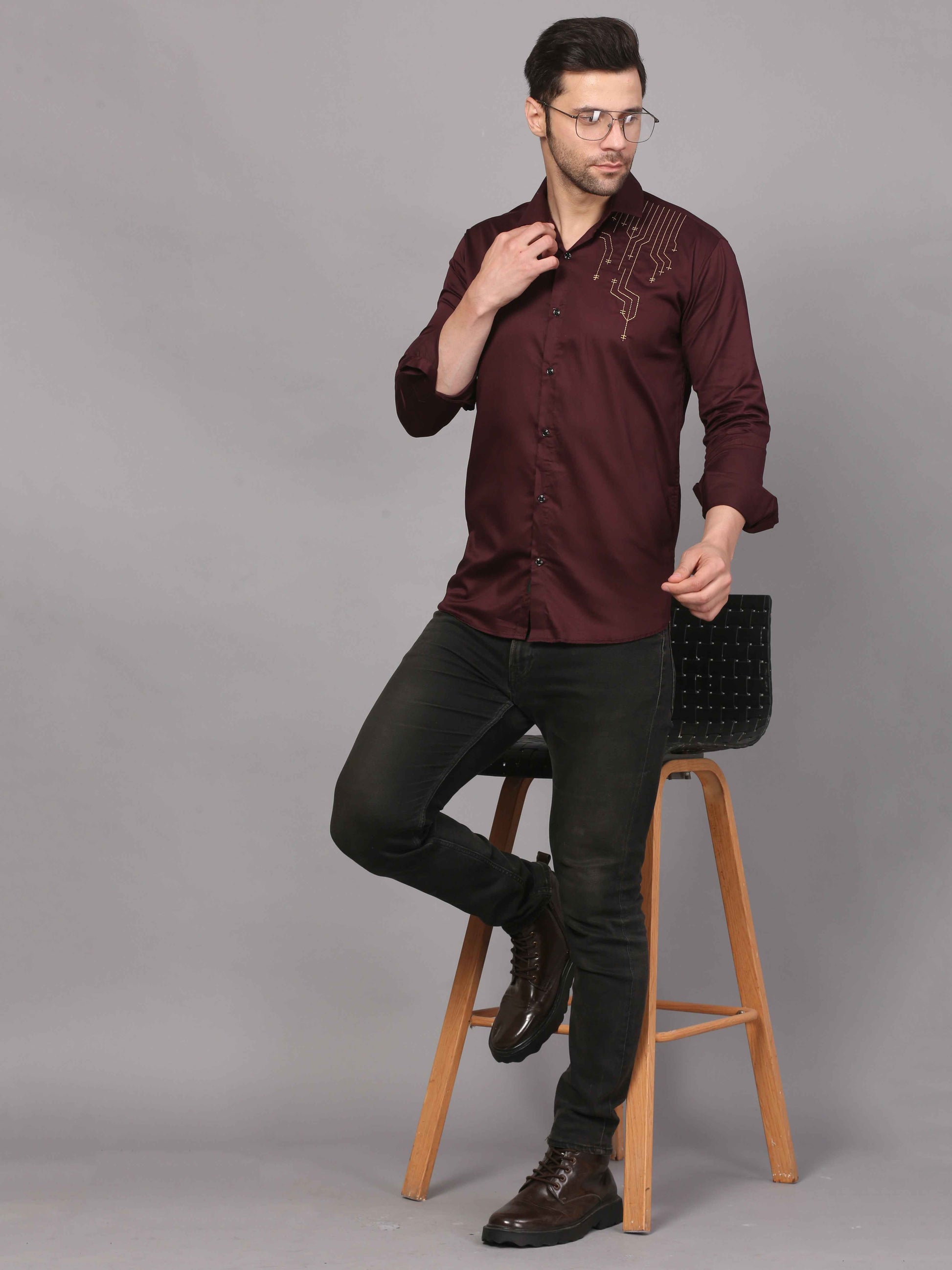 Wine Embroidered Shirt – Geometric Elegance 6