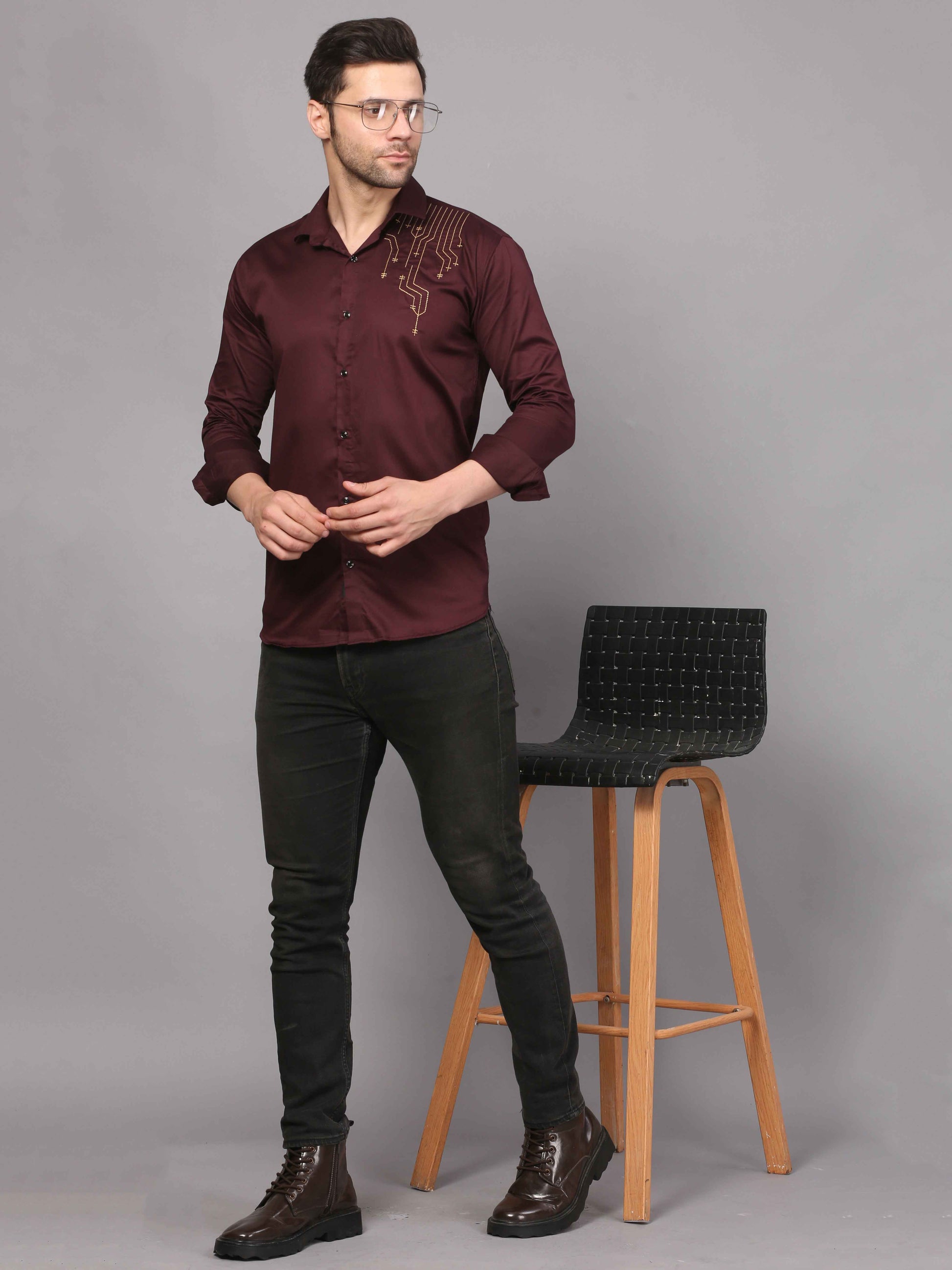 Wine Embroidered Shirt – Geometric Elegance 7