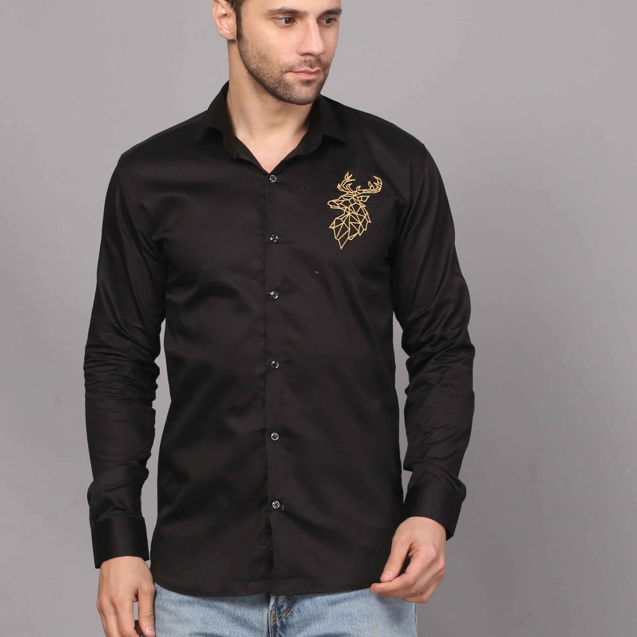 Black Embroidery Shirt – Deer Motif Design 1