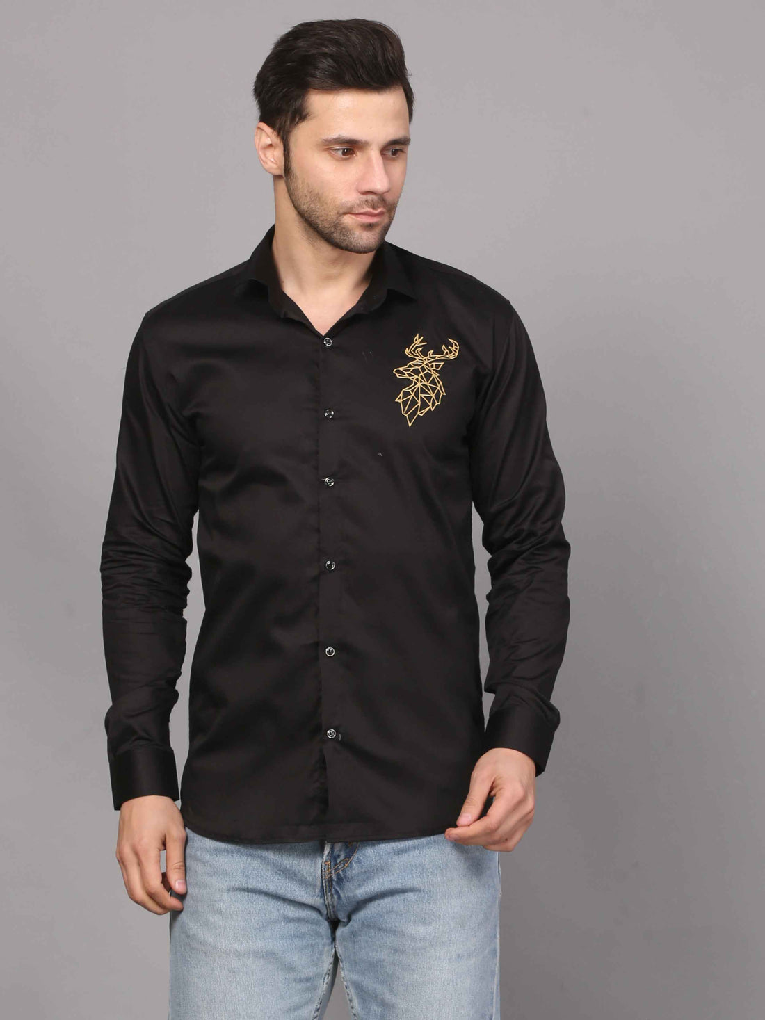 Black Embroidery Shirt – Deer Motif Design 1