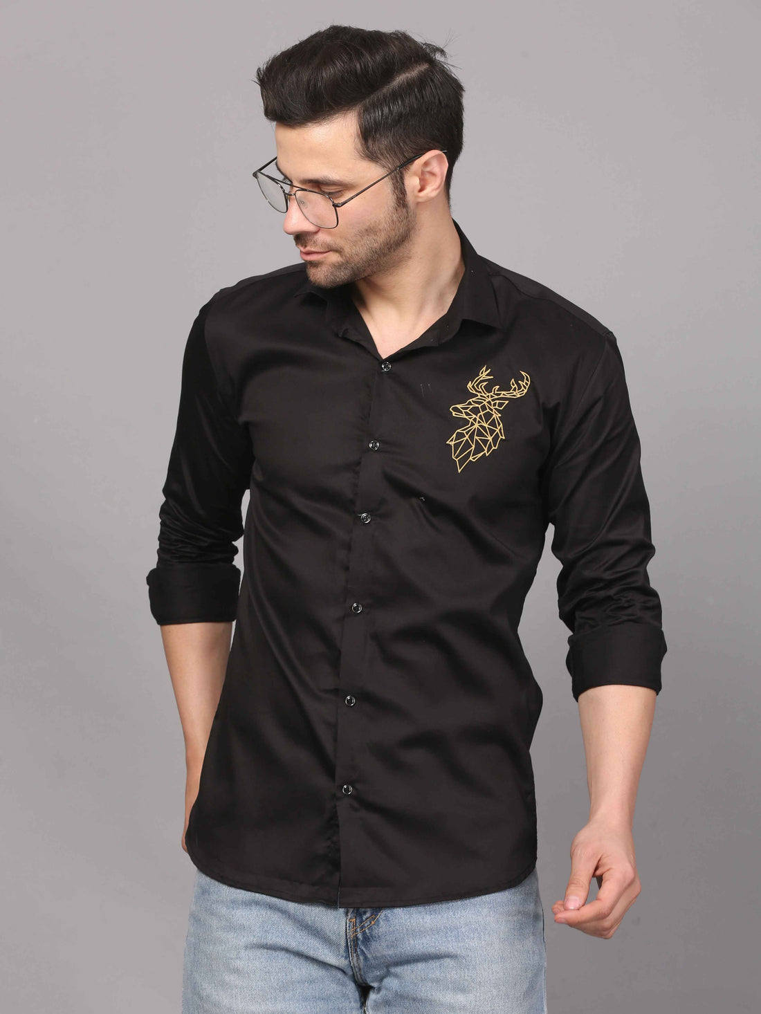 Black Embroidery Shirt – Deer Motif Design 1