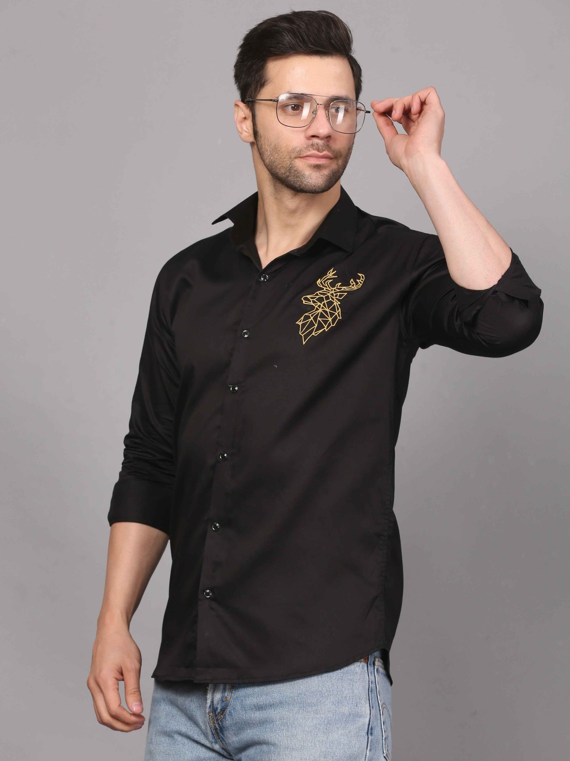 Black Embroidery Shirt – Deer Motif Design 3