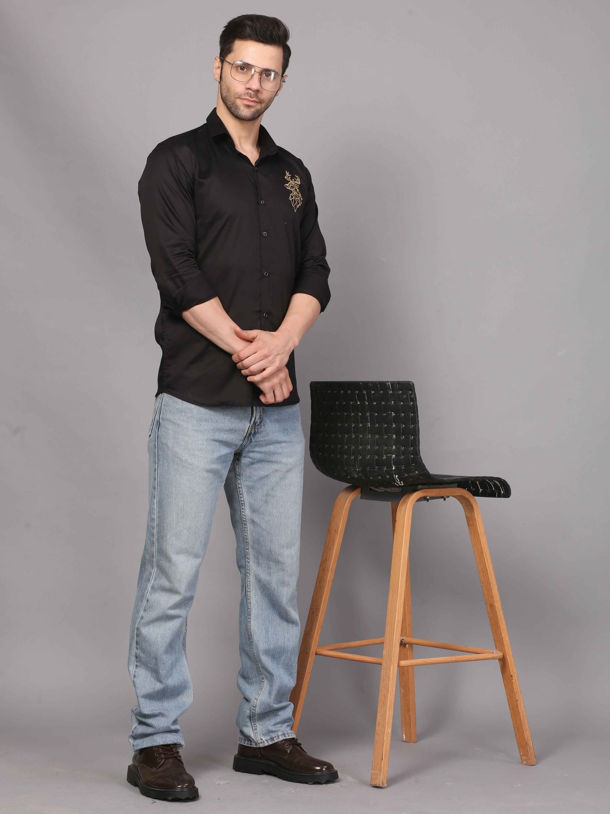 Black Embroidery Shirt – Deer Motif Design 6