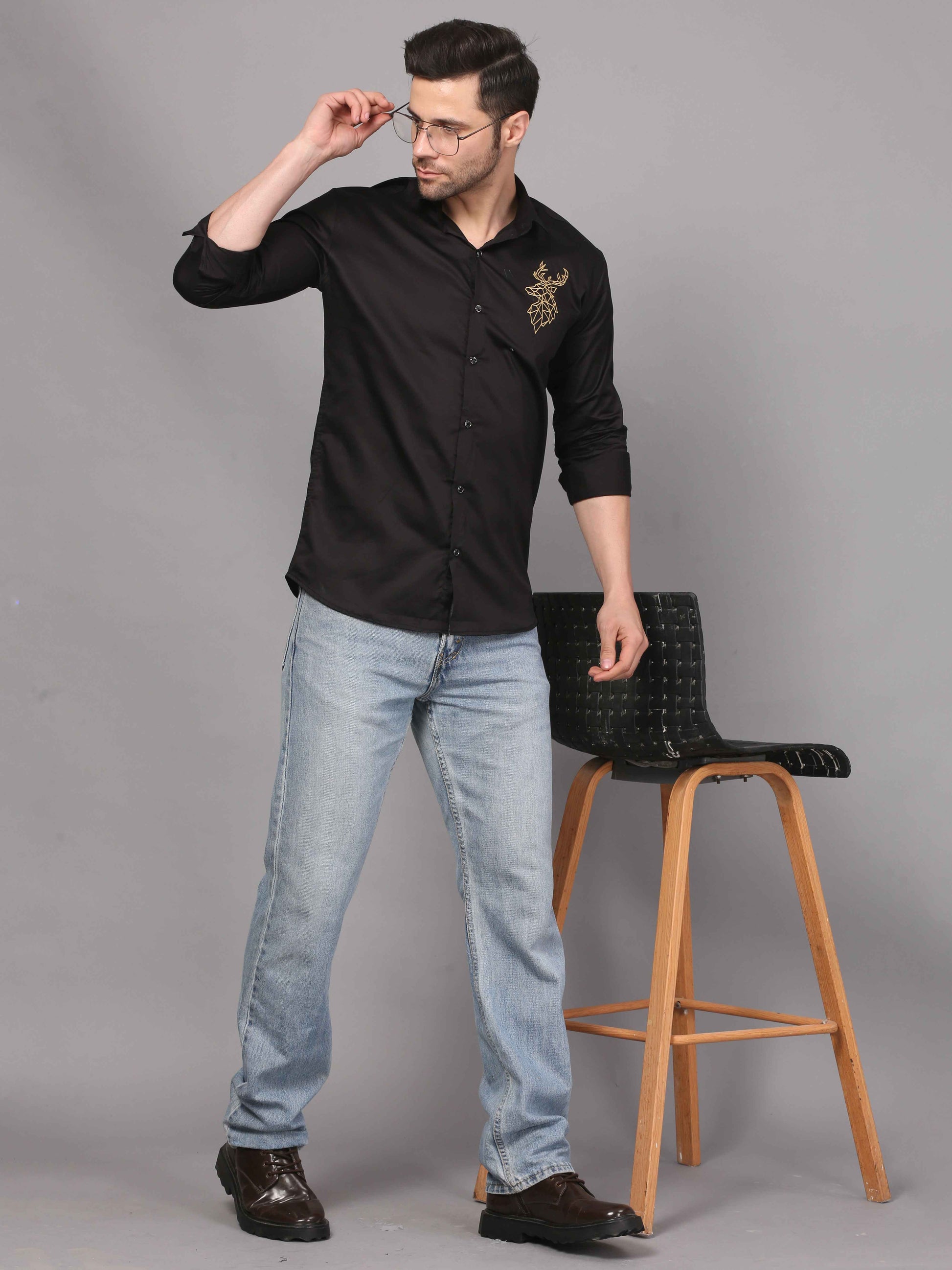 Black Embroidery Shirt – Deer Motif Design 7